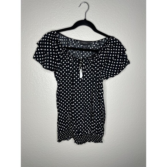 Spense Tops - Sponse Shirt Womens Small Black White Polka Dot Flutter Sleeve Elastic Hem Top